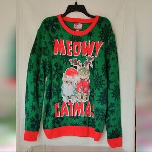 Party Sweater Dec 25th "Merry Catmas"  Green and Red Cat Sweater- Unisex Large